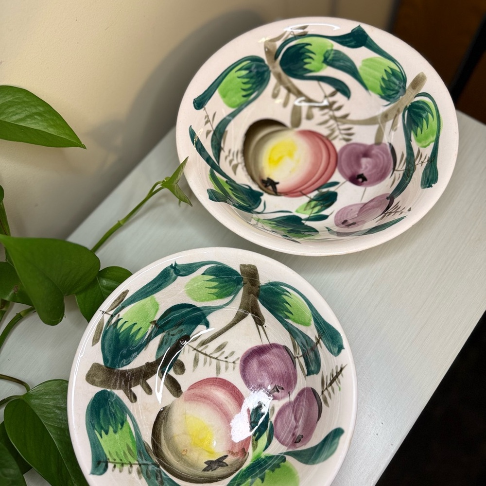 Set of 2 Vintage Ironstone Serving Bowls | Fruit and Foliage Botanical Motif